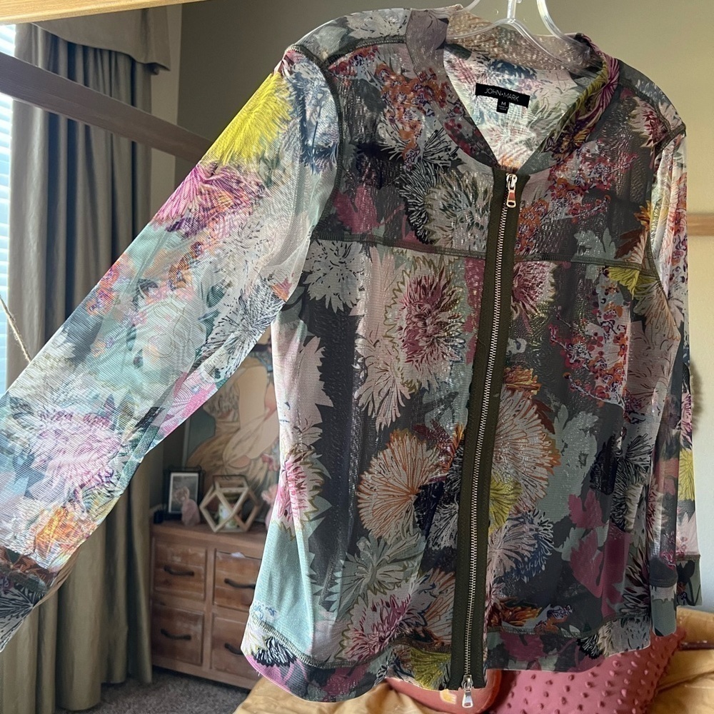 JOHN MARK NWT Women’s XS Floral Mesh Zip Front Jacket Shirt/ Fall Floral Jacket - Picture 3 of 6
